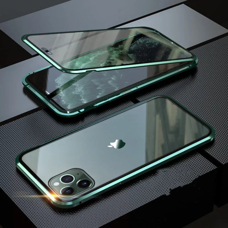 Machined glass clamshell anti-spy phone case in black, shown closed and open next to an iPhone.