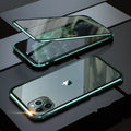 Machined glass clamshell anti-spy phone case in black, shown closed and open next to an iPhone.