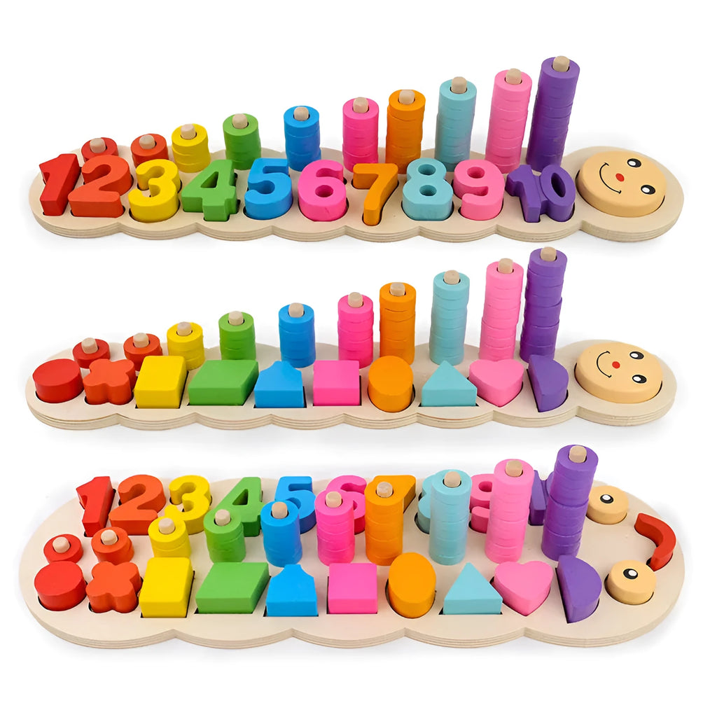 Wooden logarithmic board with colourful numbers, geometric shapes and counting beads for toddlers