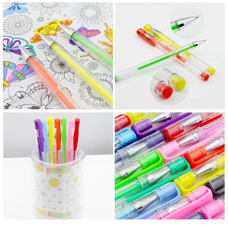Set of 100 multicoloured gel pens with plastic barrels, showing fine and broad tips, arranged in a case.