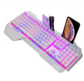 Wired gaming keyboard with RGB LED backlight, phone holder, pen slot, and card slot in black, white, or grey.