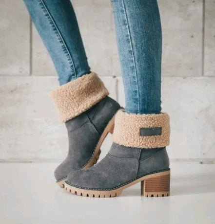 Women's suede mid-tube snow boots in multiple colours with a round toe and low thick heel.