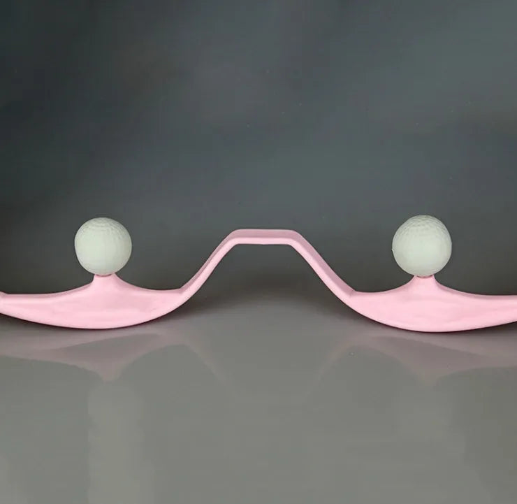 A pink plastic hand-held neck massager with a swan-neck shape and removable roller head for pressure point therapy.