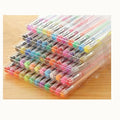 Set of 100 multicoloured gel pens with plastic barrels, showing fine and broad tips, arranged in a case.