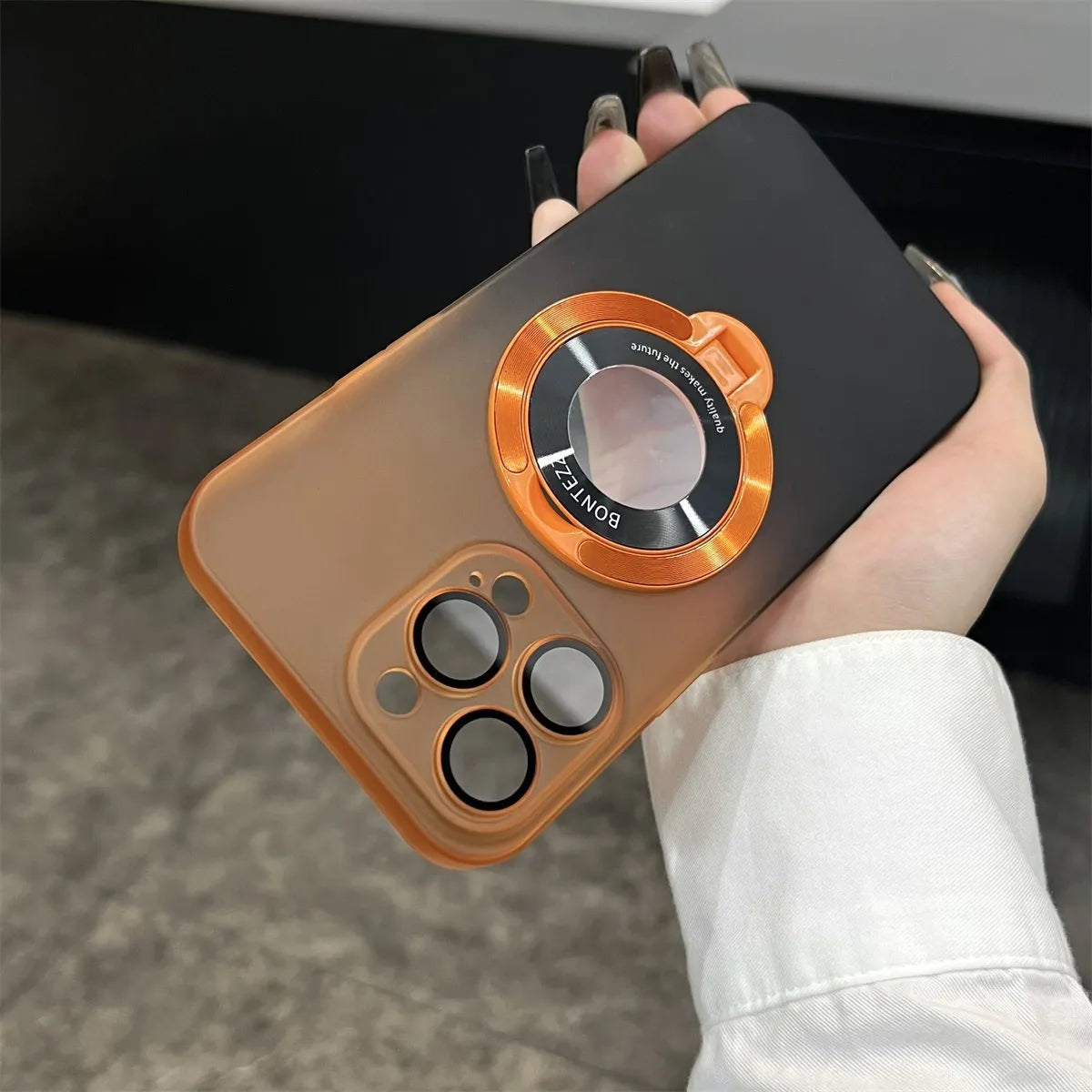 Magnetic bracket phone case for iPhone in gradient blue frosted PC with large camera window and built-in stand