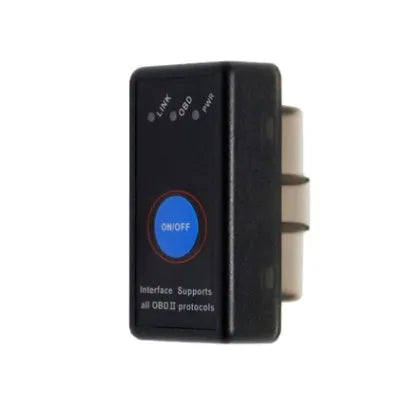 Bluetooth ELM327 OBD2 car fault diagnostic detector in black with switch; 43mm by 25mm by 23mm