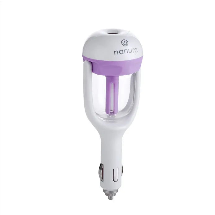 Compact portable car humidifier and essential oil diffuser unit in blue, green, pink, or purple.