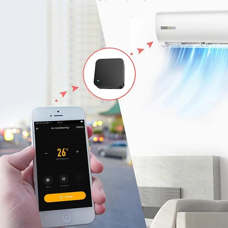 Black universal infrared remote control for voice-operated air conditioning and appliances