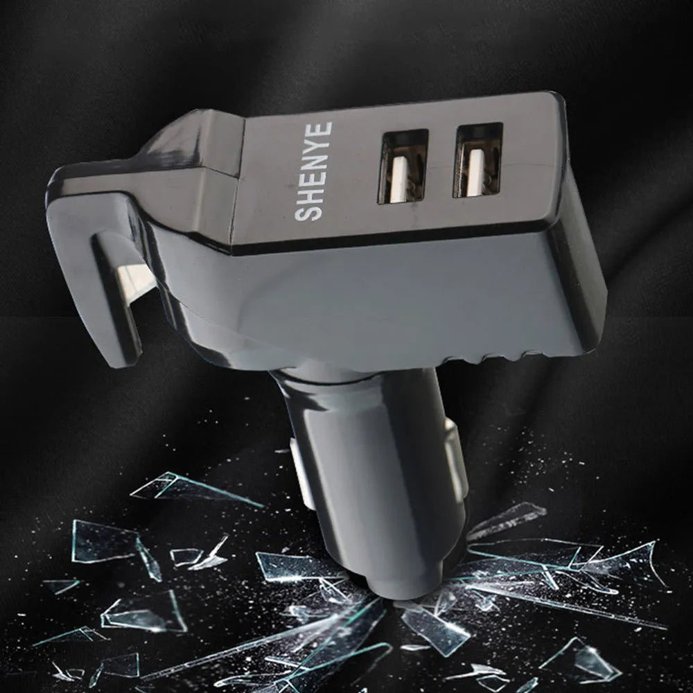 Car safety hammer with window breaker tip and seat belt cutter in black
