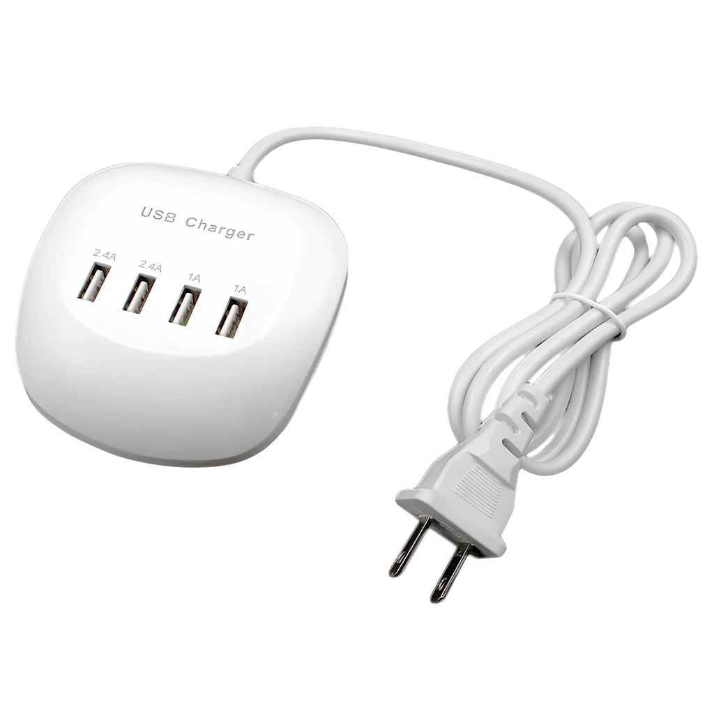 Dual-port USB wall charger with ABS plastic housing showing EU and US plug options