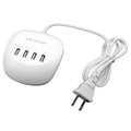Dual-port USB wall charger with ABS plastic housing showing EU and US plug options