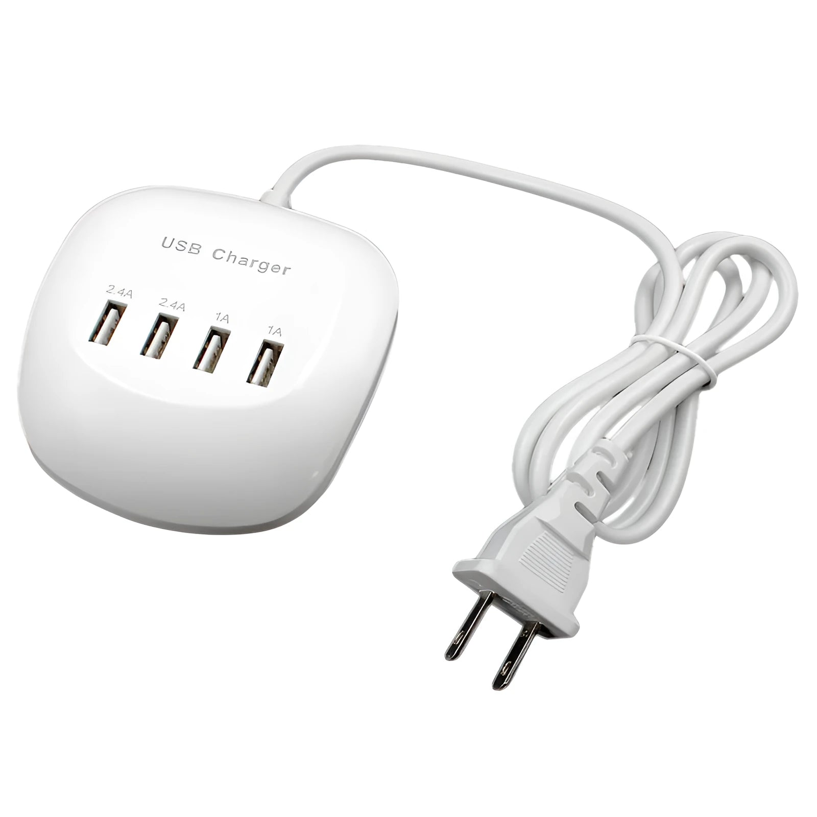 Dual-port USB wall charger with ABS plastic housing showing EU and US plug options