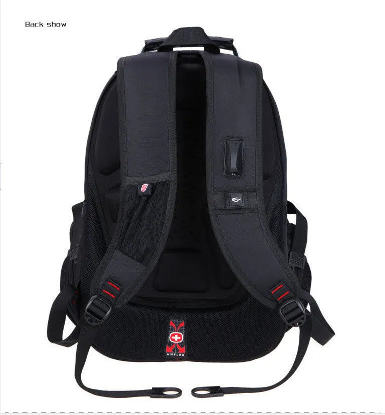 Black polyester travel outdoor backpack with shoulder pad, hard handle and metal element