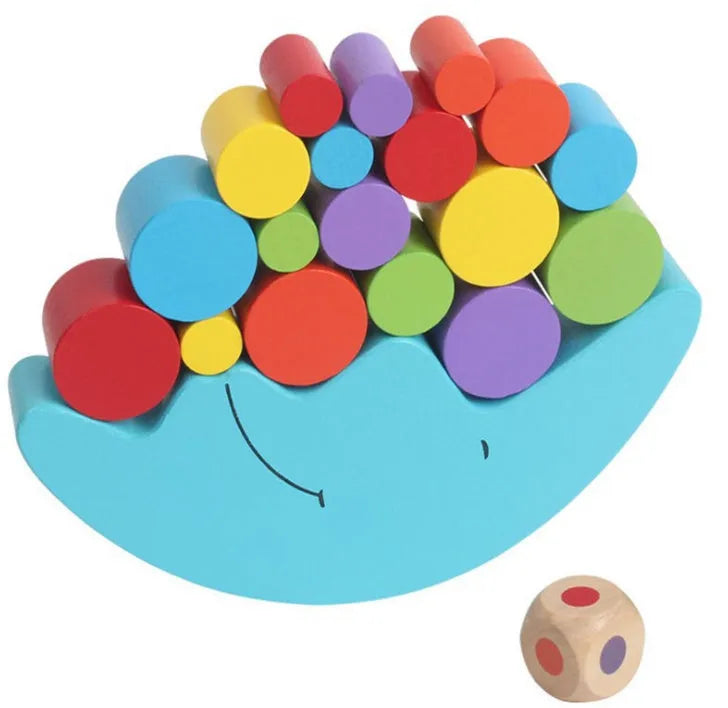 Yellow and blue wooden Moon Balance game toy for children aged 2-4 years.