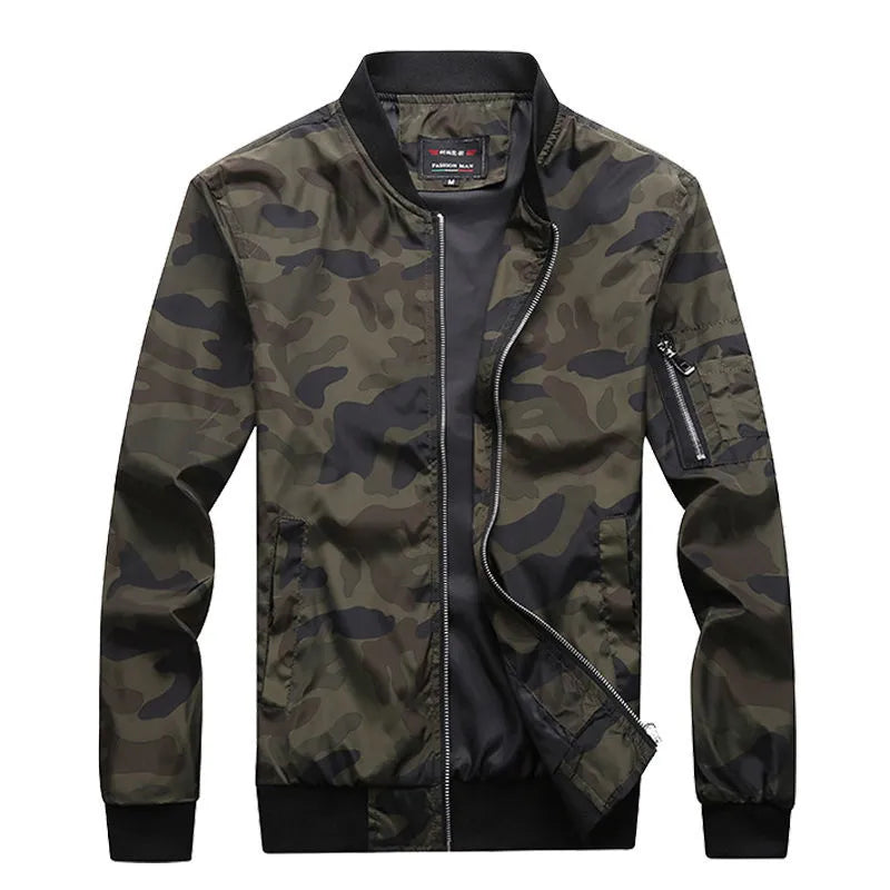 Men's camouflage bomber jacket with stand collar, zip front, long sleeves, and welt pockets in army green or dark grey