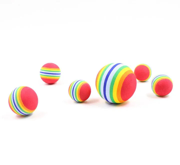 Rainbow interactive cat ball toy in soft EVA foam, 42 mm golf practice ball, yellow red light blue colours