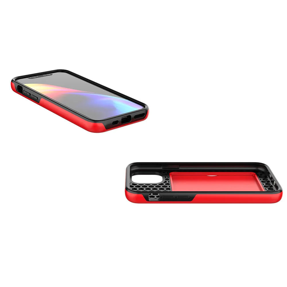 A solid colour mobile phone case for iPhone 11 series, shown in black, red, pink, blue, dark blue, and purple colour options.