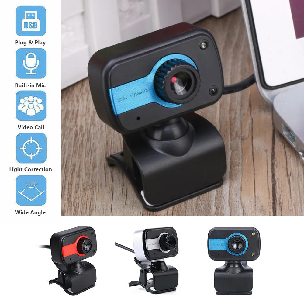 Blue mini driverless USB webcam on a stand with a 1.45m cable and 360-degree rotating head.
