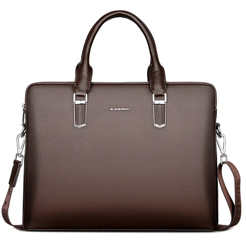 Men's PU leather business handbag with litchi pattern, horizontal square shape, telescopic handle, black or brown