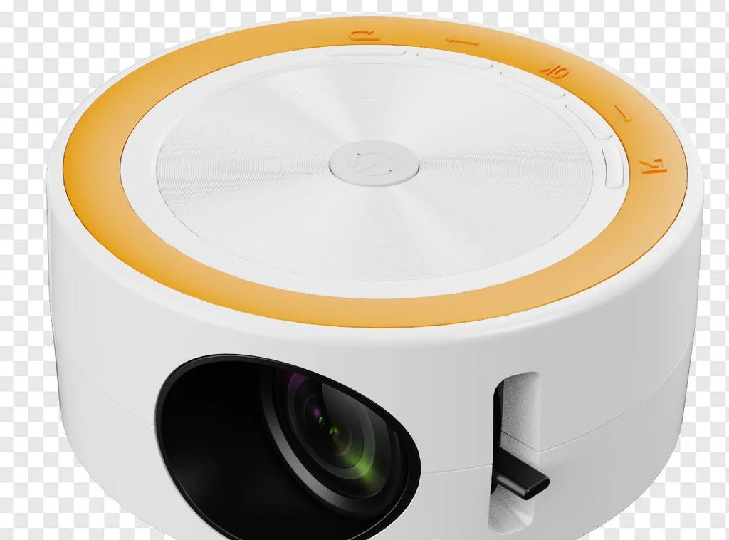 YT200 compact portable LED projector in black, white, yellow/white, or blue/white with USB cord and remote control