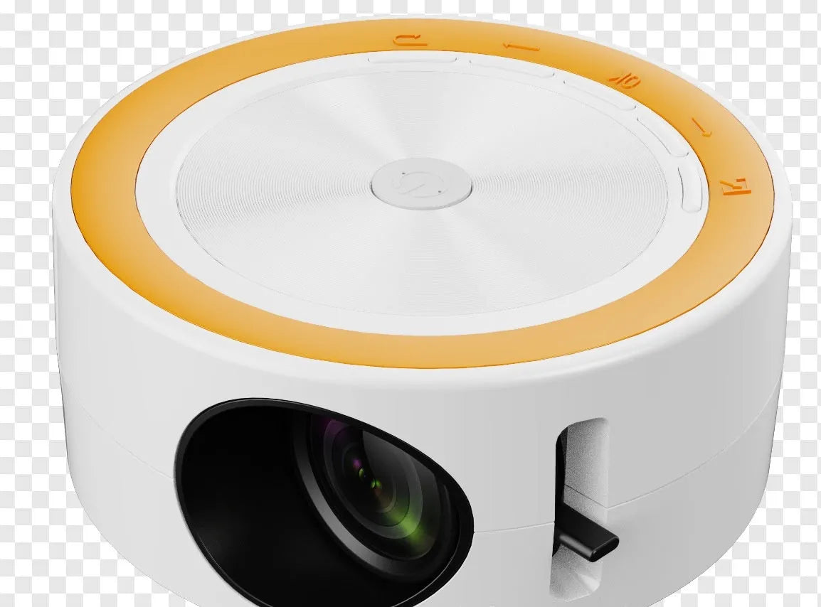 YT200 compact portable LED projector in black, white, yellow/white, or blue/white with USB cord and remote control