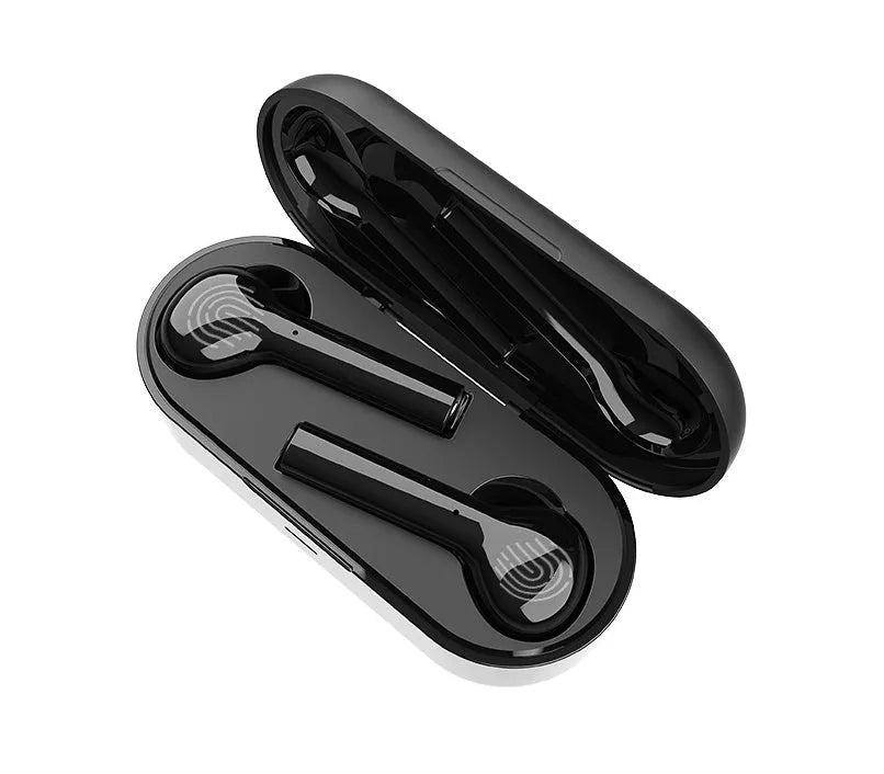 Black and white wireless touch-control earbuds with charging case