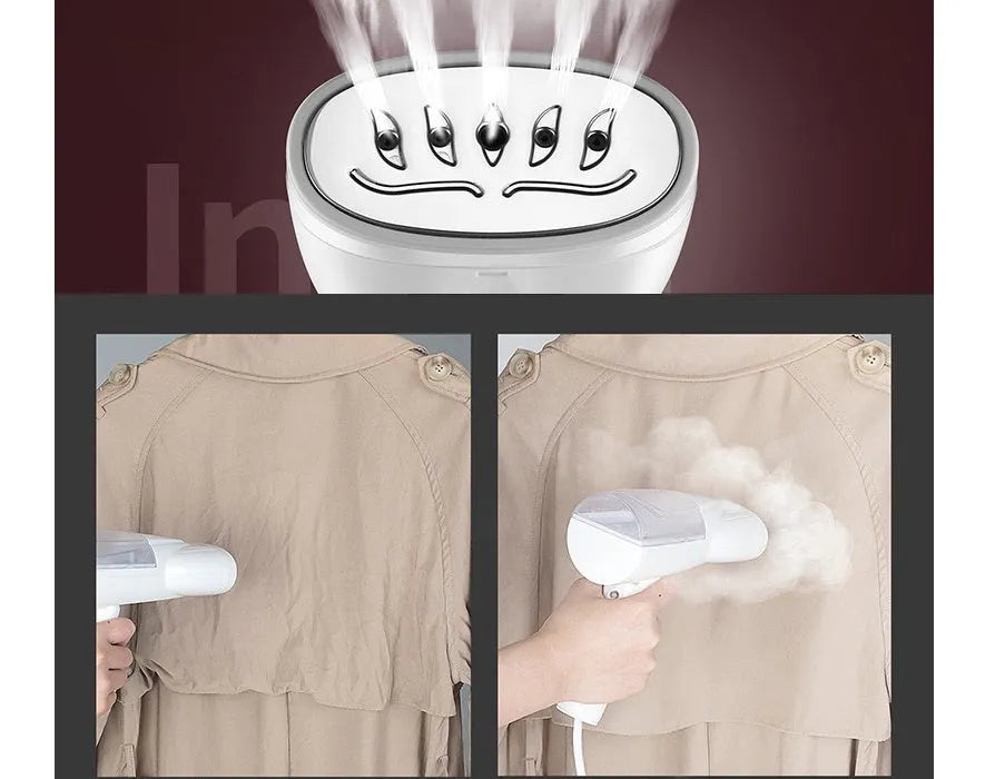 White folding ironing machine with 800W steam, measuring 10x6.2x18cm folded, on a plain background