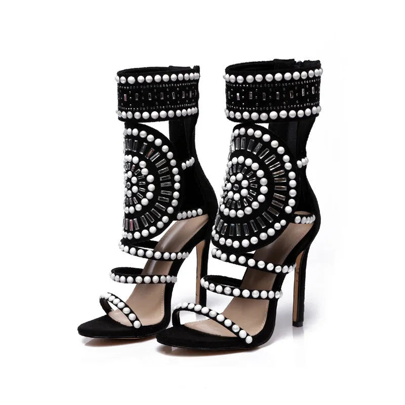 Rhinestone high heel sandals with suede upper, open toe, fine heel, back zipper, super high heel 8cm+ in apricot colour