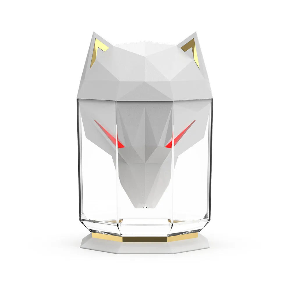 War Wolf ultrasonic air humidifier with colourful LED lights on desktop next to USB cable