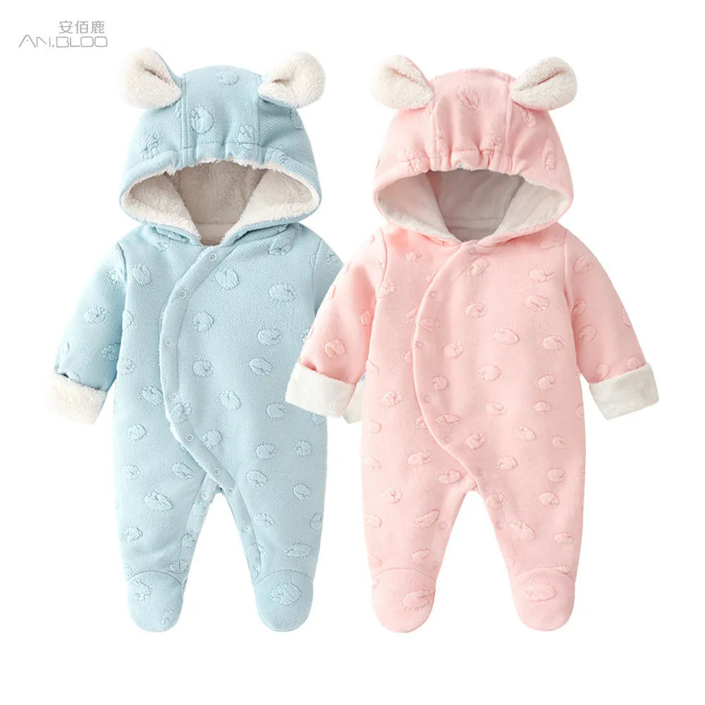 Long-sleeve baby princess romper with buckle closure in soft pink cotton blend fabric