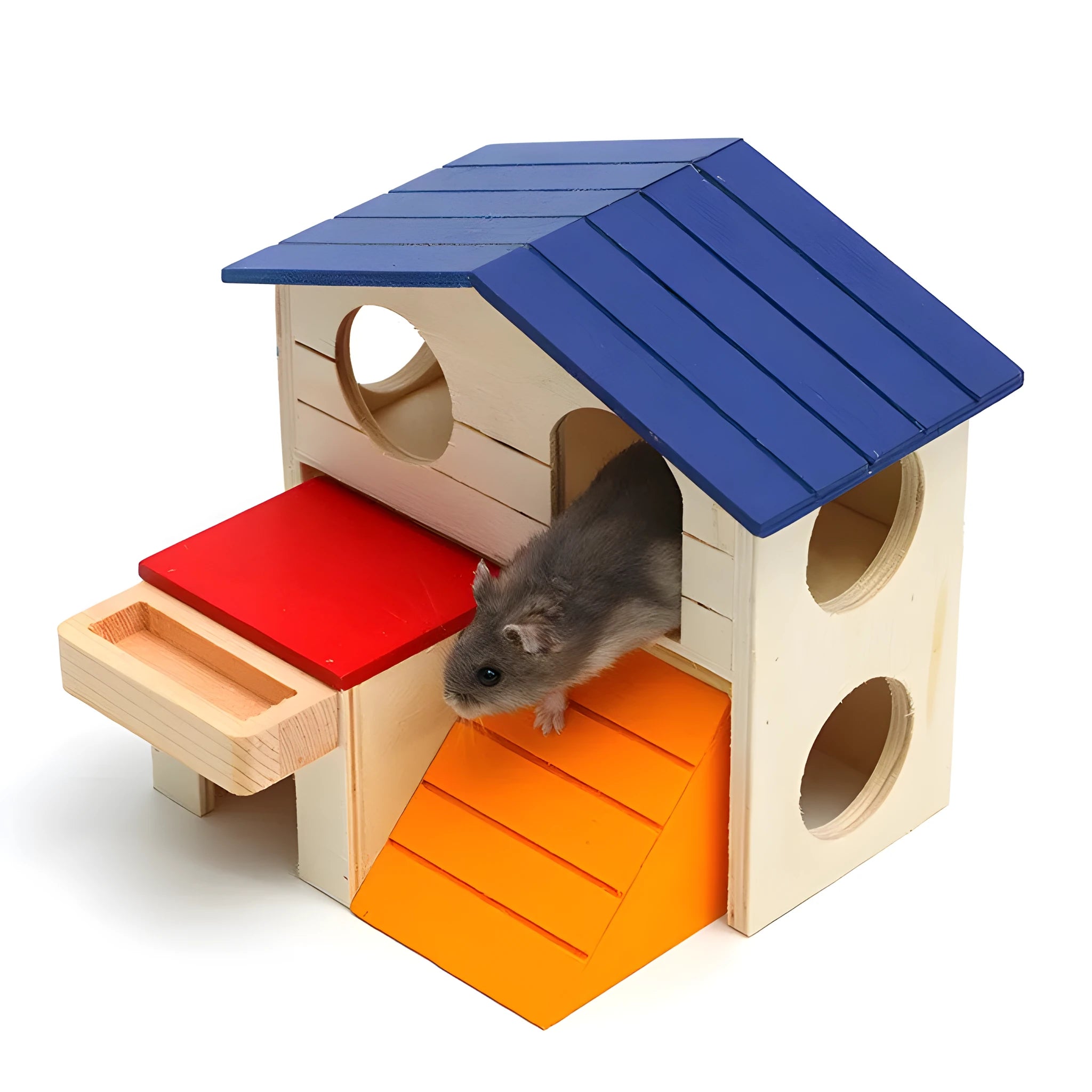 Blue-roof wooden hamster chalet measuring 17x17x15 cm for small pet enclosure and chewing.