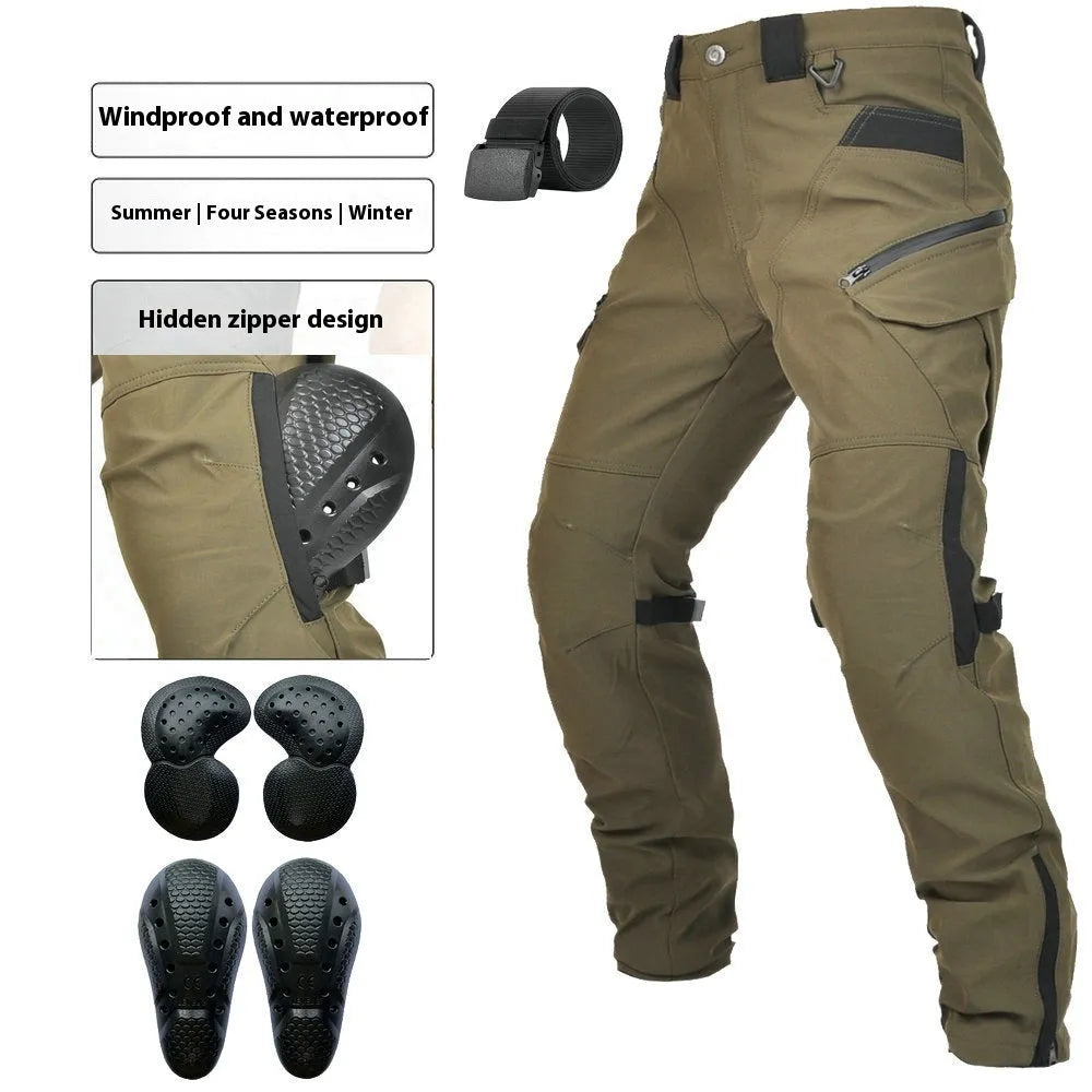 Motorcycle waterproof windproof cycling pants in black and green colours with protective gear and belt