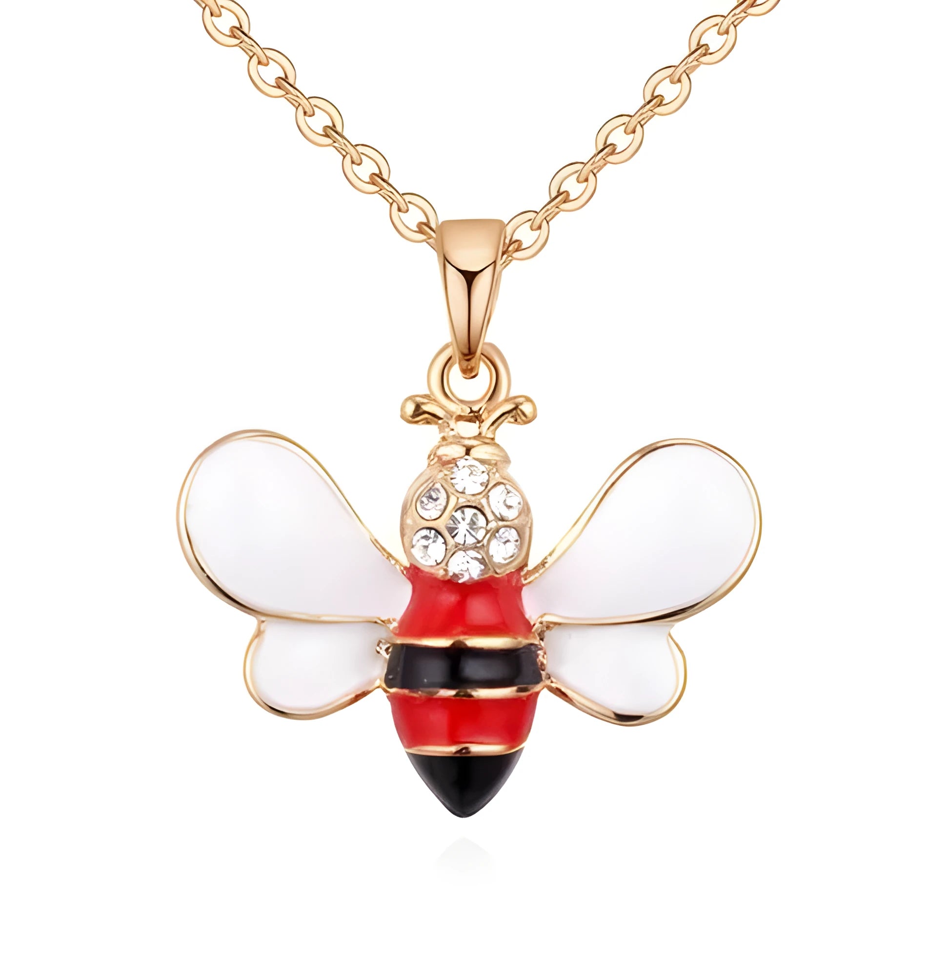 Cartoon bee drop pendant necklace with oil studded alloy finish on cross chain, yellow colour option, on white background