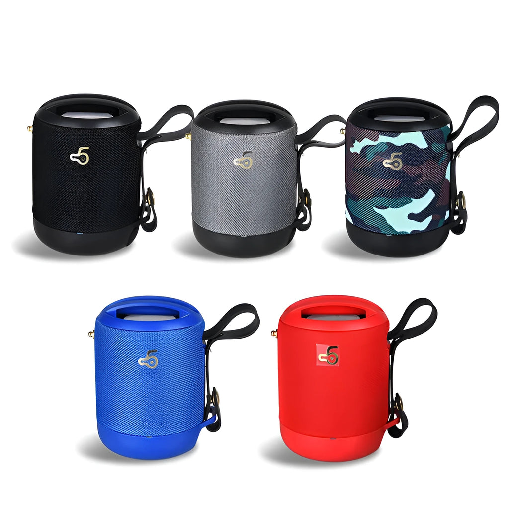 Compact waterproof Bluetooth speaker in multiple colours with a carrying strap.