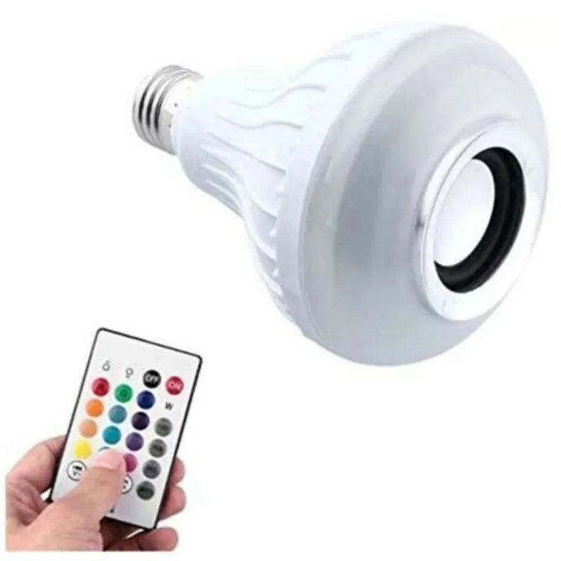 White Bluetooth speaker LED light bulb with E27 screw base for colour changing lighting and wireless audio.