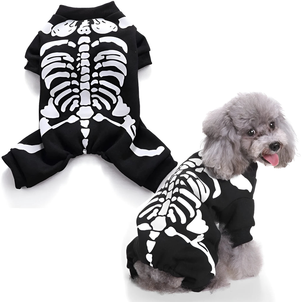Black dog skeleton frame costume on a dog, polyester fabric, Halloween outfit