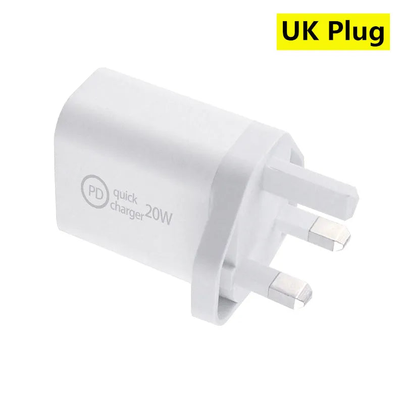 20W PD fast charger UK plug with USB-C output, flame-retardant shell, and safety certifications