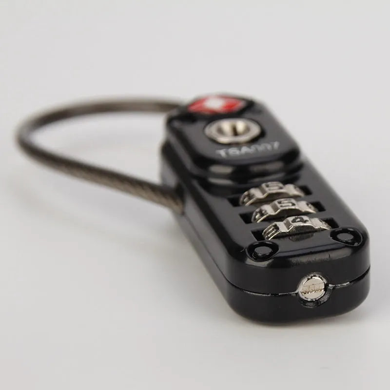Black zinc alloy combination padlock for trolley case showing 3-digit dials and wire loop.