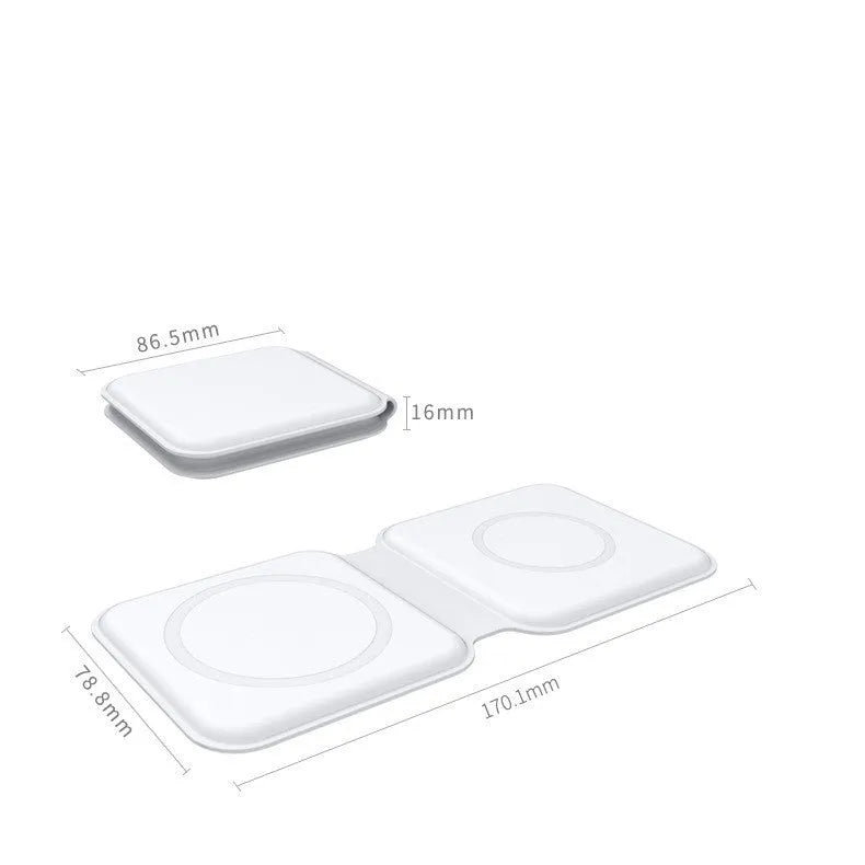 White 2 in 1 magnetic wireless charger with foldable design and dual charging pads