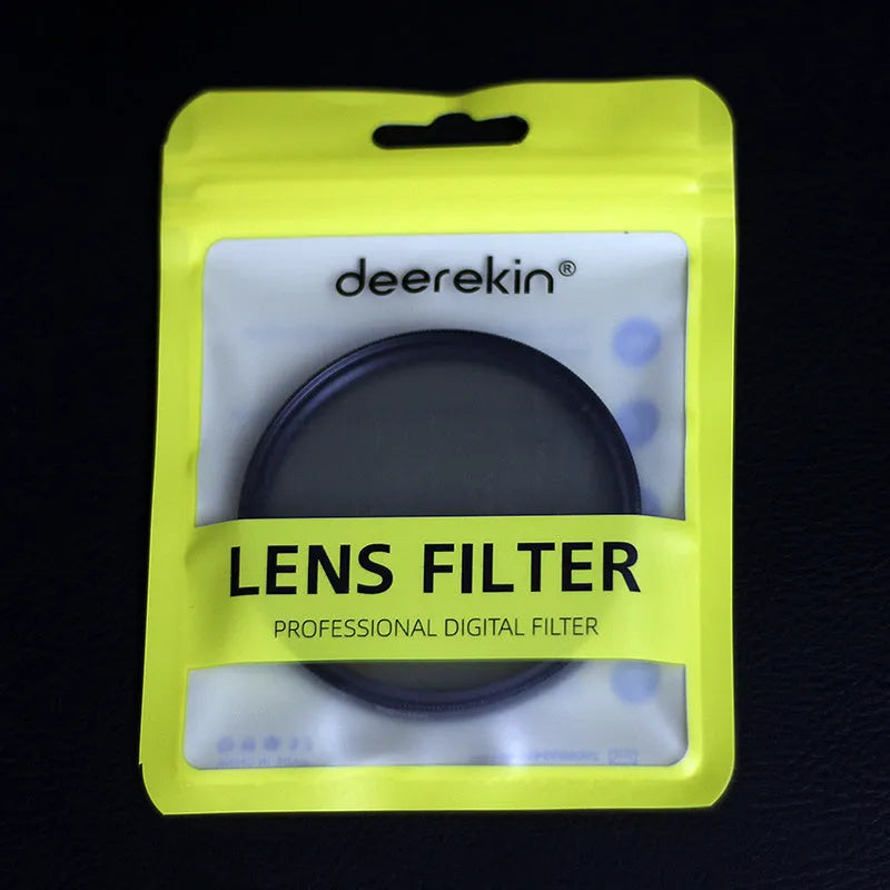 Slim aluminium ND8 camera filter showing front glass and threaded mount, with size markings visible.