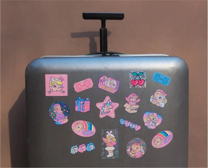 Cartoon sticker sheets with storage box showing 16 PVC comics heart designs for DIY decoration