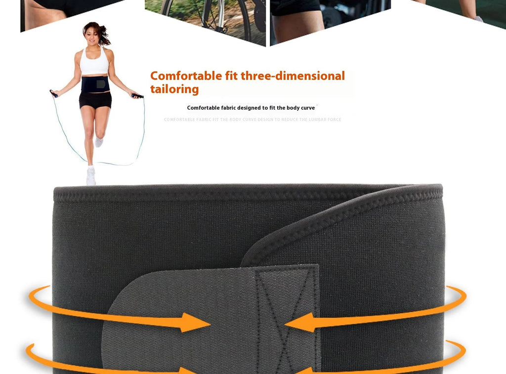 Black neoprene lumbar support waist belt for running and fitness.