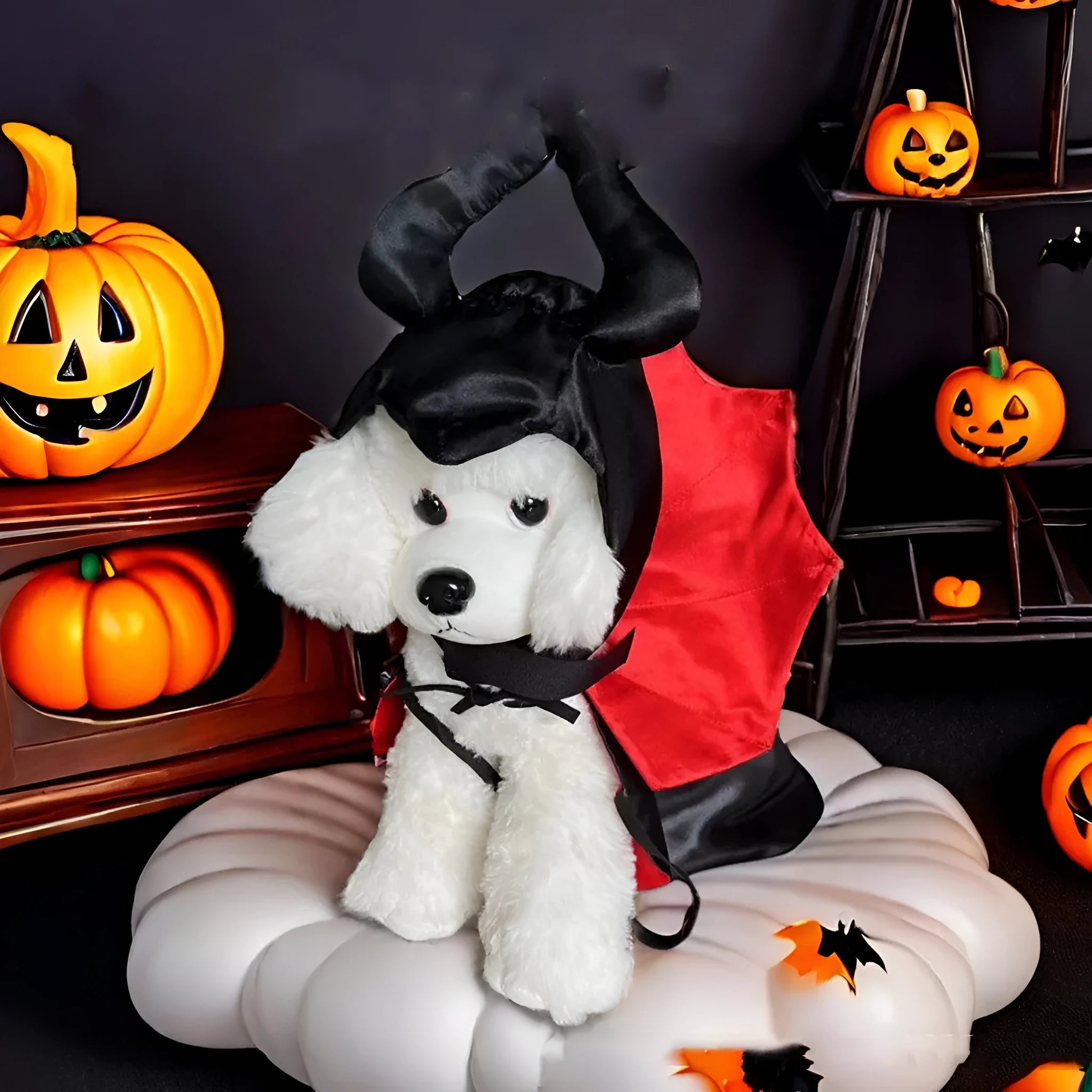 Halloween pet bat costume with cloak and pointed hat in red or purple colours