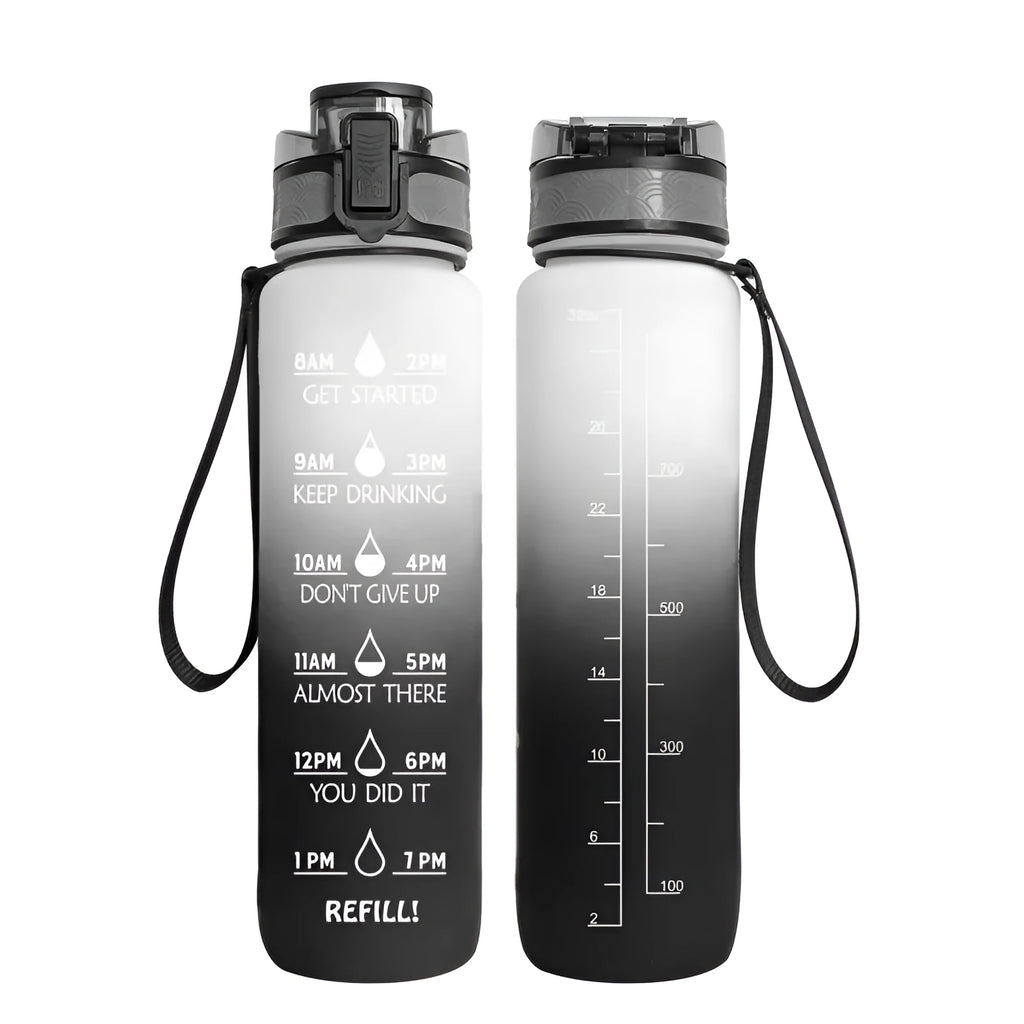 Transparent 1000ml plastic water bottle showing clear Tritan construction with visible liquid