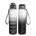 Transparent 1000ml plastic water bottle showing clear Tritan construction with visible liquid