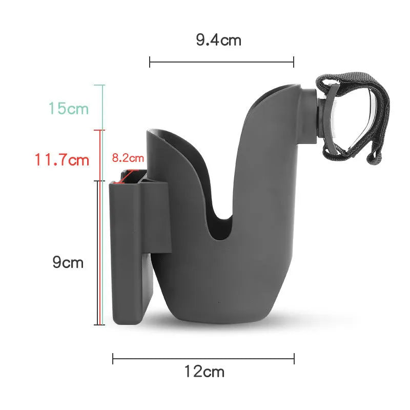 Black ABS cup holder and mobile phone stand set for pram or trolley, holding a cup and phone.