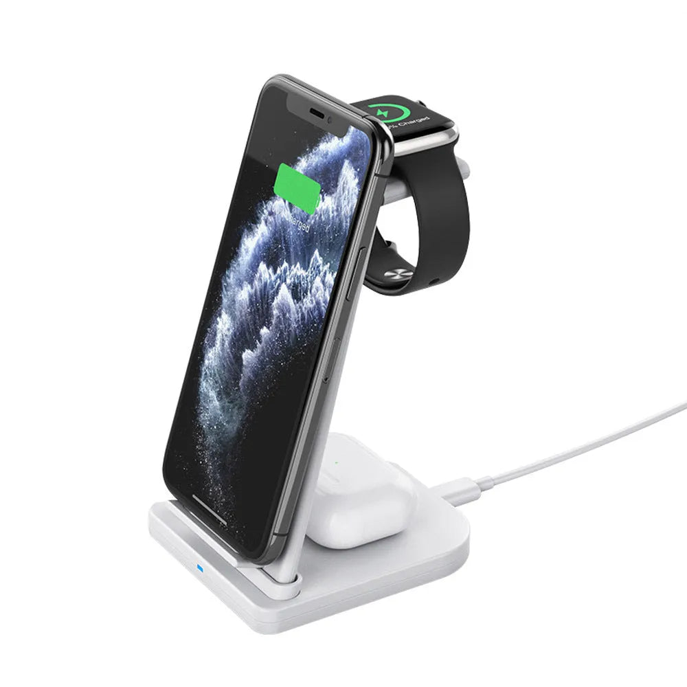 Foldable three-in-one wireless charger for mobile phone, headphones and smartwatch charging