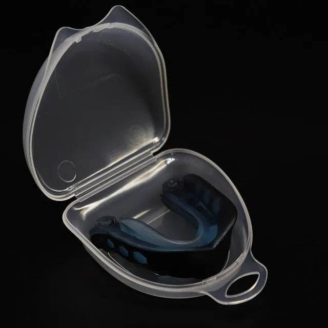 Boxing Sanda mouth guard with silicone double density, transparent lock box, and black colour option on white background