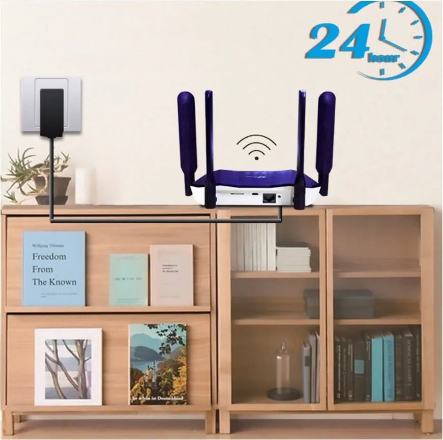 Blue 4G and wired dual-mode internet router with four external adjustable antennas.