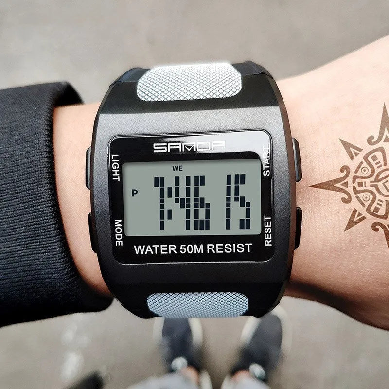 Sanda sports waterproof electronic watch with 37mm digital dial, 13mm case, resin strap, and 50m waterproof rating